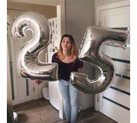 Shein Globos de número con lámina de plata de 32", globos de dígitos de aluminio con soporte, decoración creativa para fiesta de cumpleaños, 10.º aniversari