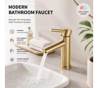Shein Grifo de baño dorado cepillado - Grifo moderno de agua caliente y fría, mezclador de lavabo de acero inoxidable, grifo de tocador de una sola manija p