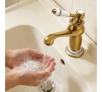Shein Grifo de latón dorado antiguo - Maneta de cerámica con control de temperatura - Para baño y cocina (mangueras de 50 cm incluidas) - Diseño vintage, pr