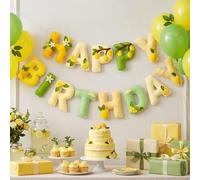 Shein Guirnalda de fieltro con tema de limón Feliz Cumpleaños, guirnalda de frutas de verano con rodajas de limón, limones enteros, flores y hojas de decora