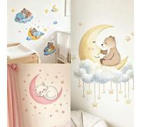 Shein Hola Osito Bebé Pegatinas de Pared, Decoración de Habitación de Bebé, Expresión Luna, Estrellas, Nubes, Oso, Luna, Gato, Calcomanías de Pared Autoadhe