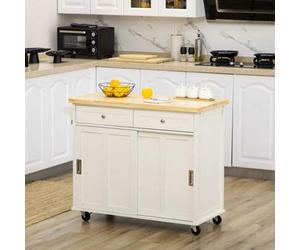 Shein HOMCOM Carrito de Cocina Isla de Cocina Multifuncional con 4 Ruedas 2 Puertas Correderas 2 Cajones Estantes Ajustables y Barra de Colgar para Comedor