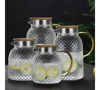 Shein Jarra de jugo resistente al calor de borosilicato de alta calidad, con textura, de gran capacidad, con tapa de bambú y acero, hervidor de agua de vidr