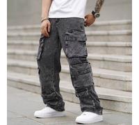 Shein Jeans anchos de pierna ancha y corte holgado para hombre con múltiples bolsillos utilitarios, ropa de trabajo informal, pantalones de carga grises osc