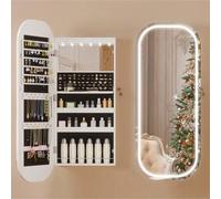 Shein Joyero ovalado con LED para colgar o colocar de pie, con espejo en la puerta o pared, espejo con cerradura, gancho de altura ajustable y estante infer