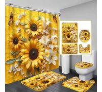 Shein Juego de 1/4 piezas de cortina de ducha de jardín con diseño de girasoles amarillos y verdes brillantes. Adecuado para decoración de primavera y se pu