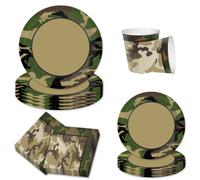 Shein Juego de 10/20 piezas de suministros para fiesta de camuflaje, platos de papel con estampado de camuflaje verde, servilletas para almuerzo, vasos para