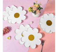 Shein Juego de 10 platos de papel con diseño de margarita de oro desechables, platos de postre con girasoles en estilo bohemio y groovy para fiestas de vera