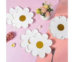 Shein Juego de 10 platos de papel con diseño de margarita de oro desechables, platos de postre con girasoles en estilo bohemio y groovy para fiestas de vera