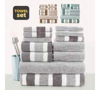 Shein Juego de 12pcs/10pcs de Toallas de Felpa de Coral a Rayas & Lisas Mezcladas [6 Toallas Cuadradas Pequeñas + 4 Toallas de Mano + 2 Toallas de Baño]/10