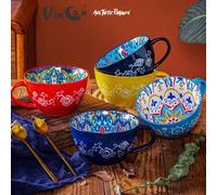 Shein Juego de 15 onzas de tazas de desayuno de estilo bohemio de cerámica grande, aptas para microondas, pintadas a mano con diseño vintage, adecuadas para