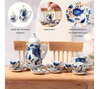 Shein Juego de 15 piezas de tazas de té de porcelana en miniatura, juego de porcelana en miniatura para cocina, juego de tetera, taza y platillo con patrón