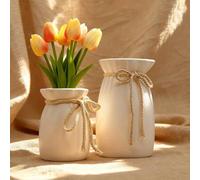 Shein Juego de 2 piezas de jarrones decorativos con lazo - Jarrones cilíndricos grandes adecuados para flores frescas y secas, decoración del hogar minimali