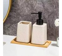 Shein Juego de 3 accesorios de baño, dispensador de jabón cerámico reutilizable, soporte para cepillo de dientes, bandeja de bambú, adecuado para la decorac