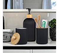 Shein Juego de 3 accesorios de baño, incluye dispensador recargable de color negro mate, dispensador manual de loción/jabón, soporte para cepillo de dientes