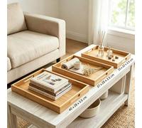 Shein Juego de 3 bandejas de bambú natural para servir, bandejas de madera apilables con asas, bandejas organizadoras decorativas multiusos para mesa de cen