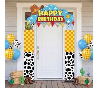 Shein Juego de 3 piezas de arco de puerta de vaquero occidental, cortina de puerta con estampado de vaca, cielo azul y nubes, feliz cumpleaños, suministros