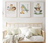 Shein Juego de 3 piezas de arte de guardería personalizado con animales verdes, jirafa, león y elefante, nombre personalizado, arte de pared de guardería de
