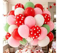 Shein Juego de 30 globos de látex rojo y rosa, globos de látex rojo, rosa, blanco y verde, adecuados para decoración de primer cumpleaños de fresa dulce, fi