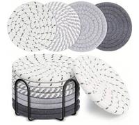 Shein Juego de 4/8 piezas de posavasos tejidos, posavasos redondos absorbentes, posavasos de tela hechos a mano, juego de posavasos con bandeja, regalo de c