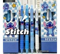Shein Juego de 4 bolígrafos de gel Stitch - Bolígrafos de bola retráctiles con diseño de dibujos animados a cuadros azules - Útiles escolares kawaii & regal