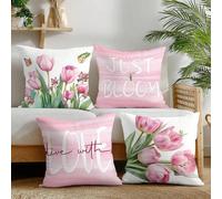 Shein Juego de 4 fundas de almohada decorativas con estampado de tulipanes rosas y mariposas, de material de terciopelo melocotón impreso por un solo lado,