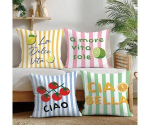 Shein Juego de 4 fundas de cojín con ilustración italiana inspiradora de frutas a rayas, impresas por un lado en material de poliéster piel de melocotón, 45