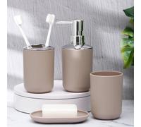 Shein Juego de 4 piezas de accesorios de baño minimalistas de plástico: botella de loción, vaso de enjuague, jabonera y soporte para cepillo de dientes, ade