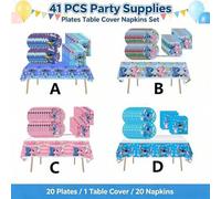 Shein Juego de 41 piezas de vajilla para fiesta de Stitch, sirve para 10 personas, incluye vasos y mantel, suministros para fiesta de cumpleaños infantil ro