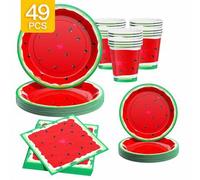 Shein Juego de 49/25/8 piezas de platos, servilletas y vasos desechables con diseño de sandía roja, suministros para fiestas, fiesta de verano, fiesta de fr