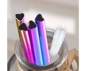 Shein Juego de 5 pajitas de acero inoxidable con forma de corazón creativo y 1 cepillo de limpieza, para uso doméstico, restaurante, cafetería y tienda de t