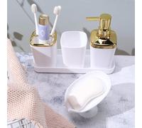Shein Juego de 5 piezas de dispensador de loción y jabonera y vaso para enjuague bucal, soporte de jabón de plástico simple, vaso de baño, para decoración d