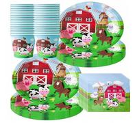 Shein Juego de 50 piezas de vajilla desechable con animales de granja, platos de papel, vasos y servilletas con estampado de dibujos animados de vaca, cerdo
