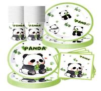 Shein Juego de 50 piezas de vajilla desechable con diseño de panda de bambú lindo, platos de papel, vasos y servilletas con estampado de dibujos animados de