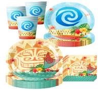 Shein Juego de 50 piezas de vajilla desechable hawaiana tropical, platos de papel, vasos y servilletas con estampado floral azul vibrante de olas polinesias