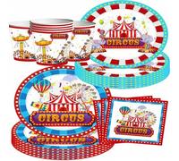 Shein Juego de 50 piezas de vajilla desechable para circo y carnaval, platos de papel, vasos y servilletas con estampado de carpa roja y blanca, noria, elef