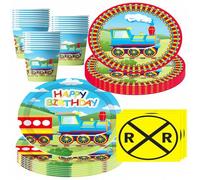 Shein Juego de 50 piezas de vajilla desechable para fiesta de cumpleaños con tema de tren, platos de papel, vasos y servilletas con estampado colorido de tr