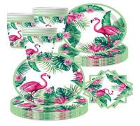 Shein Juego de 50 piezas de vajilla desechable para Luau hawaiano con flamenco, platos de papel, vasos y servilletas con estampado floral de selva tropical,