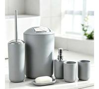 Shein Juego de 6 accesorios de baño, color negro mate/gris: dispensador de jabón, portacepillos de dientes, vaso, jabonera, escobilla de baño y papelera. Ar