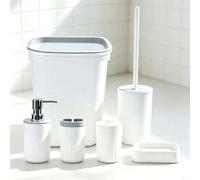 Shein Juego de 6 accesorios de baño, kit organizador de encimera de baño de plástico con papelera, escobilla de baño, dispensador de jabón, vaso, portacepil
