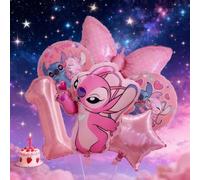 Shein Juego de 6 globos de cumpleaños con temática de Lilo & Stitch Angel en rosa suave con lazos. Globos de estrella combinados con lindos