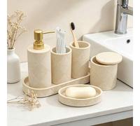 Shein Juego de 6 piezas de accesorios de baño de resina de estilo granja moderna, incluye portacepillos de dientes, dispensador de jabón, bandeja, vaso, fra