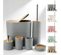 Shein Juego de 6 piezas de accesorios de baño, juego de lavado con tapas de bambú con ondas horizontales, el kit de baño completo incluye dispensador de jab