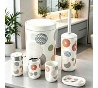 Shein Juego de 6 piezas de elegantes accesorios de baño estampados, conjunto completo para el baño, organizador de encimera con papelera, portaescobillas, d