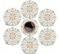 Shein Juego de 6 posavasos redondos de madera con estampado floral bohemio, posavasos decorativos para bebidas, vino y cerveza, decoración del hogar y fiest