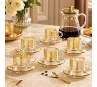 Shein Juego de 6 tazas de café de vidrio con diseño dorado y platillos, tazas de lujo para café expreso, café árabe, té de la tarde, vajilla de regalo para