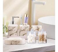 Shein Juego de 7 piezas de accesorios de baño de mármol, juego de baño de plástico con bandeja, dispensador de jabón, soporte para cepillo de dientes, vaso