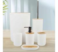 Shein Juego de accesorios de almacenamiento de baño multifuncional y minimalista de bambú, 3 opciones de color con colección completa de 4/6 piezas, kit de