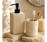 Shein Juego de accesorios de baño estilo Wabi-Sabi con textura de piedra hueca de primavera, dispensador de jabón líquido y vaso para cepillo de dientes, de