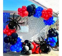 Shein Juego de arco de globos de lámina de araña negra 2/125 piezas, incluye globos de látex rojos, negros y azules, adecuado para fiesta de Halloween, deco